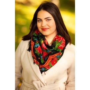 Wool shawl wrap for woman Russian Pavlovo Posad Scarf with Wool Fringe - 190 - Matryoshka 89cm x 89cm