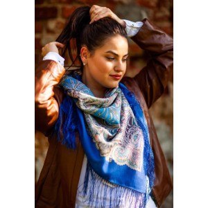 Wool shawl wrap for woman Russian Pavlovo Posad Scarf with Silk Fringe - 681 - At the dark blue sea 89cm x 89cm
