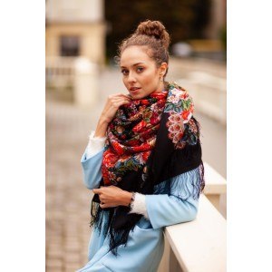 Wool shawl wrap for woman Russian Pavlovo Posad Scarf with Silk Fringe - 1797 - Flower Necklace 146cm x 146cm