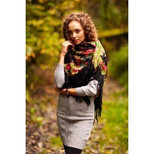 Wool shawl wrap for woman Russian Pavlovo Posad Scarf with Wool Fringe - 1219 - Summer twilight 125cm x 125cm