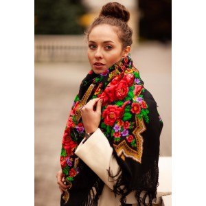 Wool shawl wrap for woman Russian Pavlovo Posad Scarf with Wool Fringe - 325 - Russian Beauty 146cm x 146cm